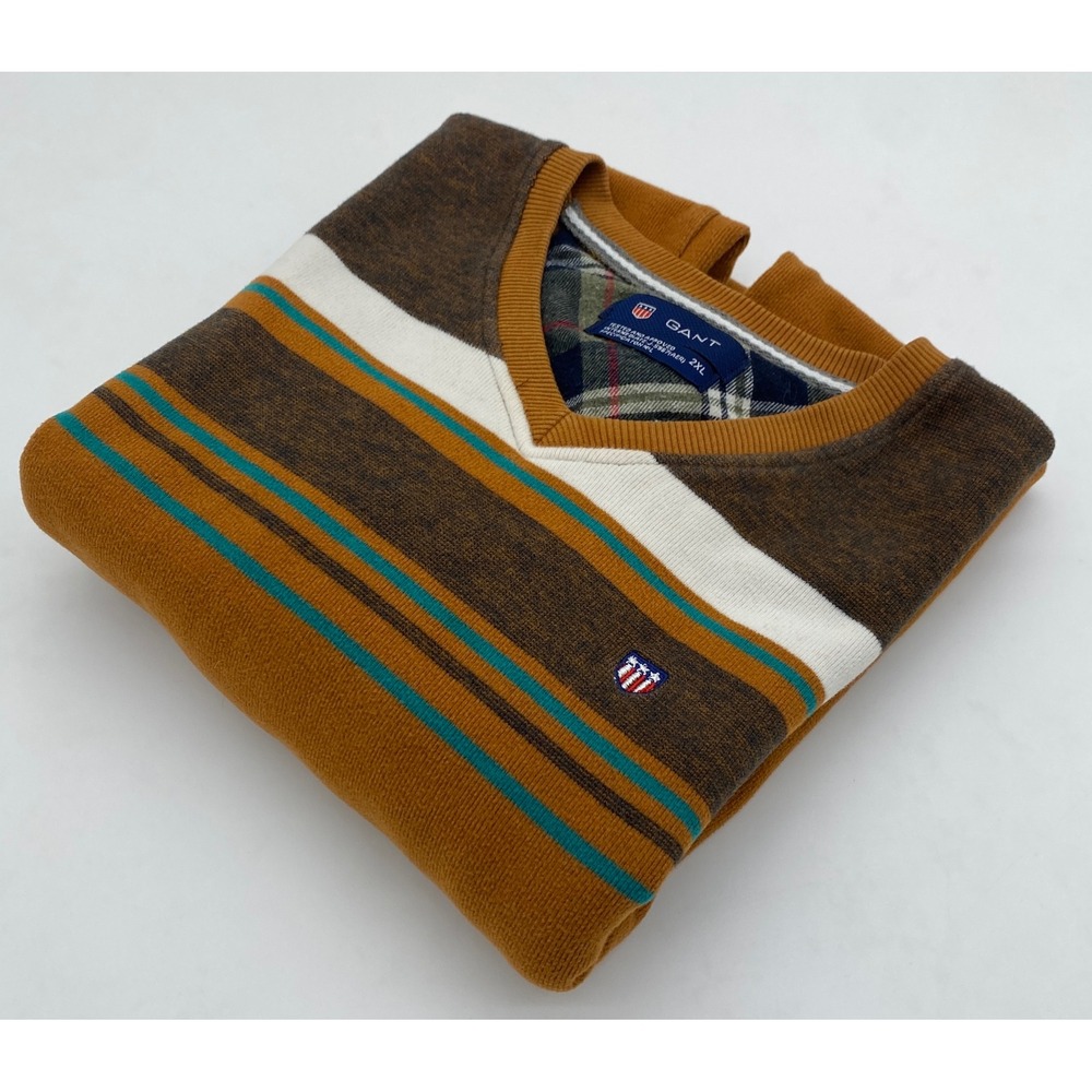 Gant Mens V-Neck Sweater 2XL Mustard Yellow Stripe Chest Logo Preppy Knit Jumper - Picture 12 of 12